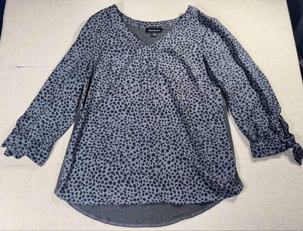Fortune + Ivy Women's Medium Blouse 3/4 Sleeves Animal Print Grey Mixed Media